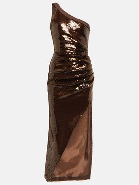 DAVID KOMA One-shoulder sequined  asymmetric midi dress in Brown